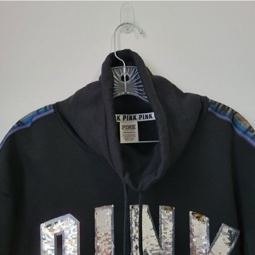 PINK Victoria's Secret Bling Logo Cowl Neck Rainbow Sleeve Sweatshirt Black XS - Picture 6 of 10